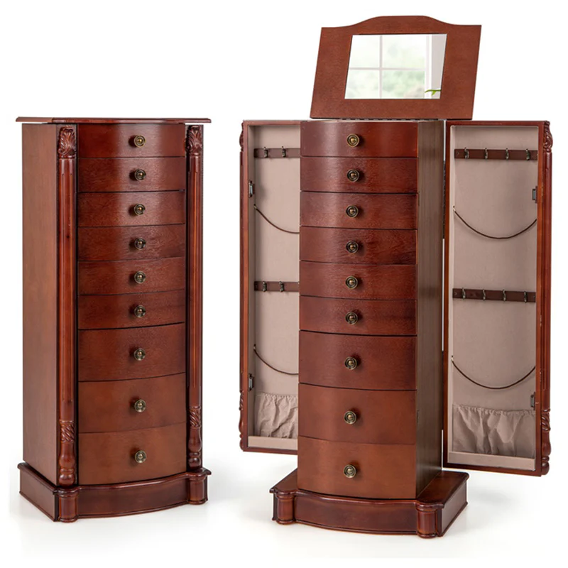 Dark Walnut Large Standing Jewelry Armoire Cabinet With 8 Drawers Amp 2 Swing Doors 16 Hooks Top Mirror Boxes
