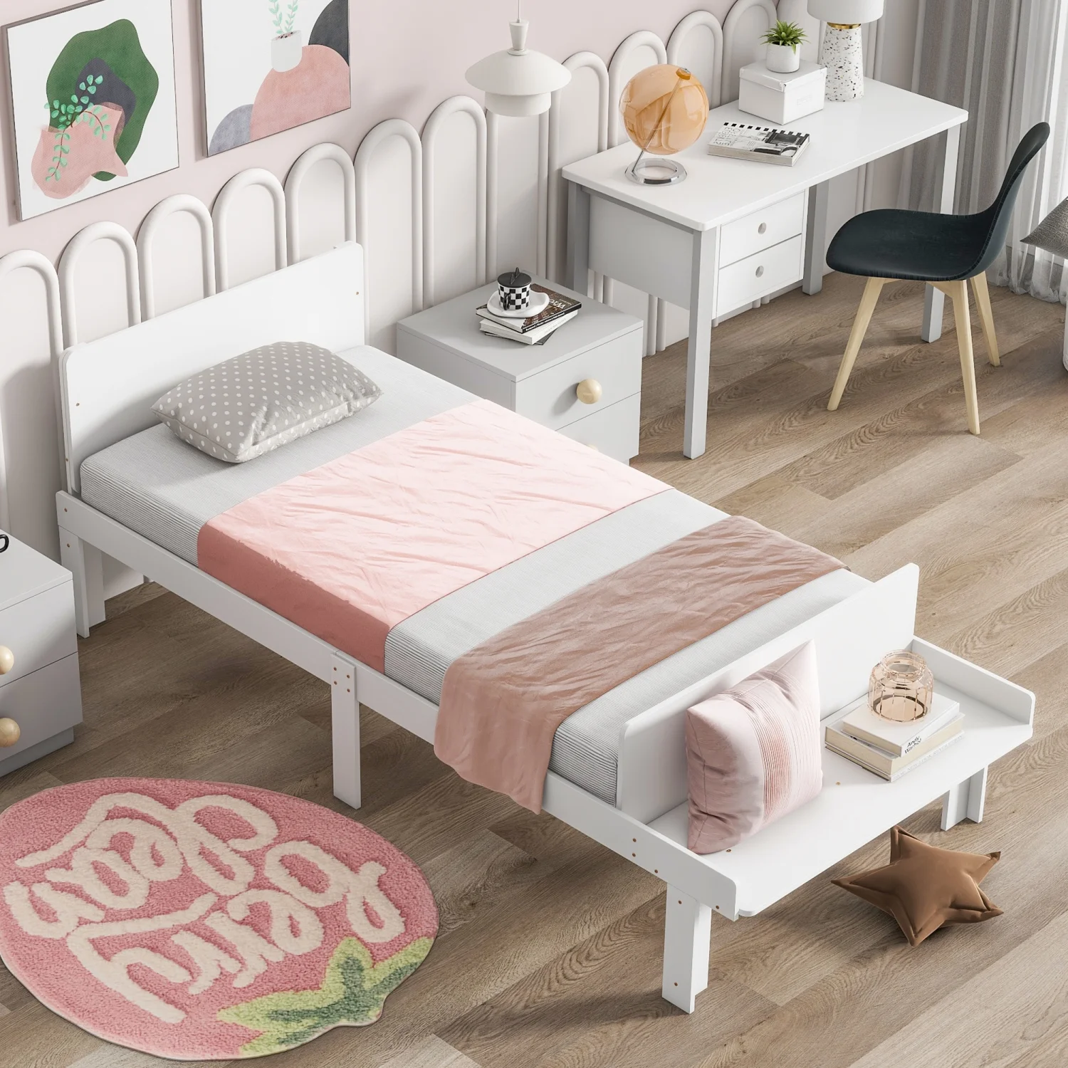 Create a chic and cozy bedroom look with this stylish and elegant white twin bed featuring a footboard bench for added comfort   perfect for enhancing the style and comfort of your bedroo