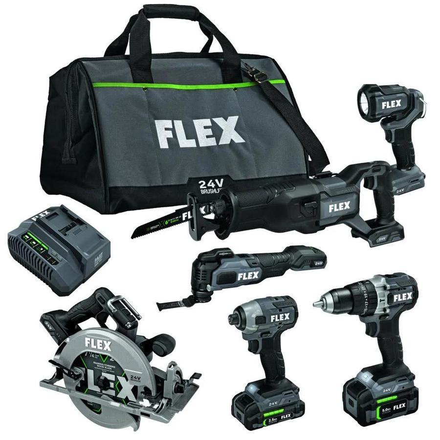 Flex 6-Tool 24-Volt Brushless Power Tool Combo Kit with Soft Case (2-Batteries Included and Charger Included) FXM601-2B.