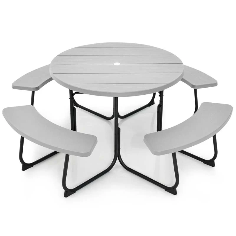8 Person Hdpe Outside Table Amp Bench Set Outdoor Round Picnic Table With 4 Built In Benches Umbrella Hole Metal Frame - High Quality Set For Everyday Use