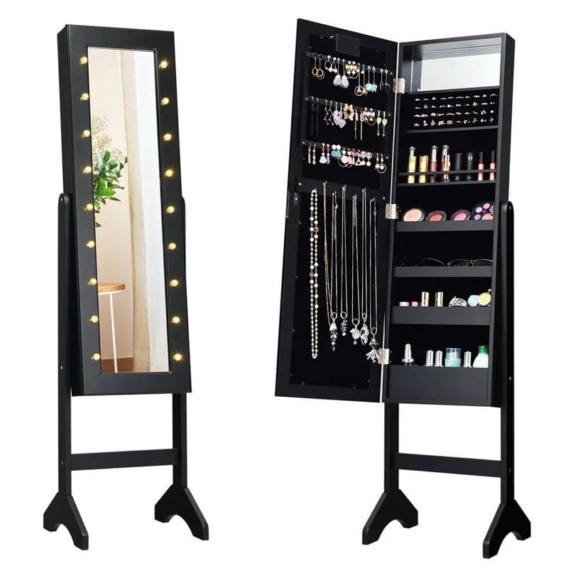 18 Leds Large Standing Jewelry Armoire Cabinet With Full Length Mirror 16 Lipstick Holder 1 Inside Makeup Mirror