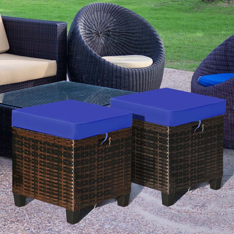 2 Pcs Rattan Patio Ottoman Set With Removable Cushions All Weather Wicker Outdoor Footstool Footrest Seat - High Quality Set For Everyday Use