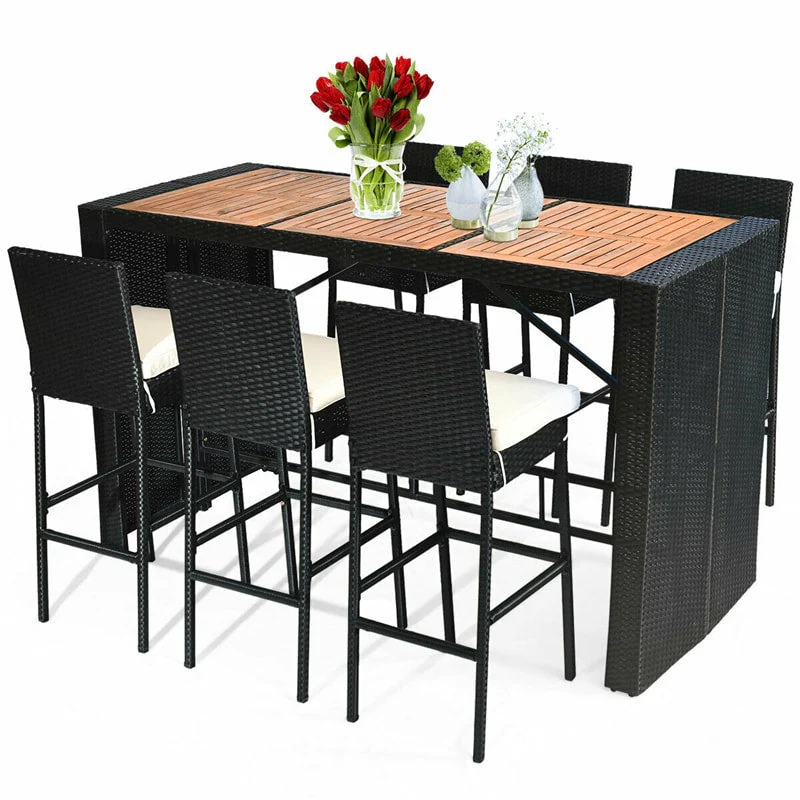 7 Pcs Rattan Patio Bar Set Dining Table Set With Acacia Wood Tabletop Amp Bar Stools Soft Cushions - High Quality Set For Everyday Use