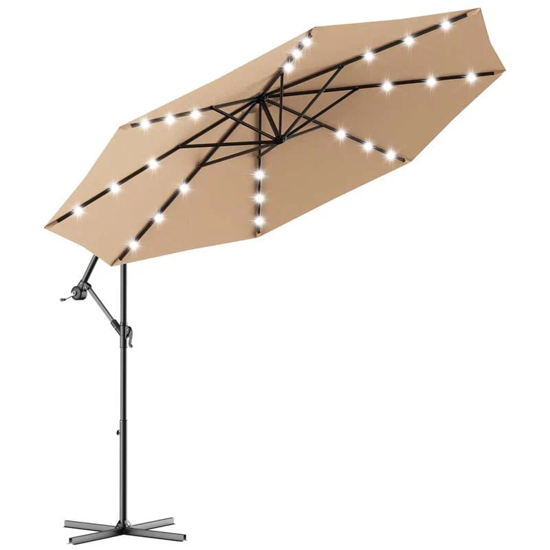 10 Ft Offset Patio Umbrella With Solar Led Lights Amp Cross Base Large Outdoor Cantilever Umbrella For Sun Rain