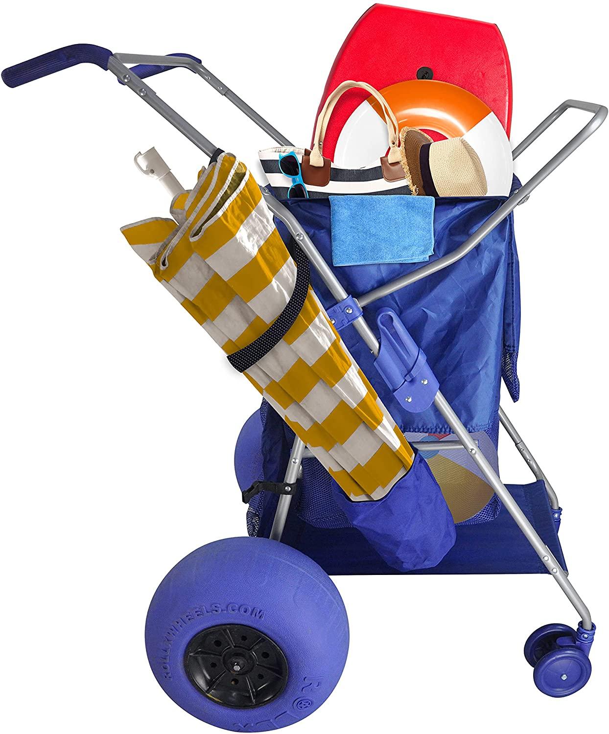RollX Foldable Beach Cart with 12��� Balloon Wheels, Mesh Storage & Umbrella Holder �C Blue