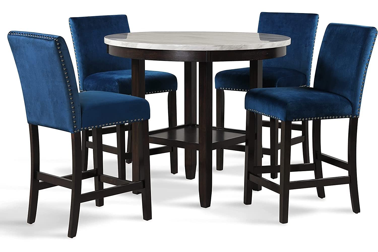 New Classic Furniture Celeste 5-Piece Faux Marble Round Counter Set with 1 Table and 4 Chairs, 42-Inch, Blue