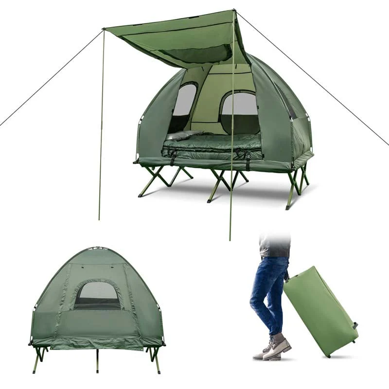 5 In 1 Off Ground Tent Cot 2 Person Foldable Camping Bed Tent With Awning Air Mattress Sleeping Bag Carrying Bag