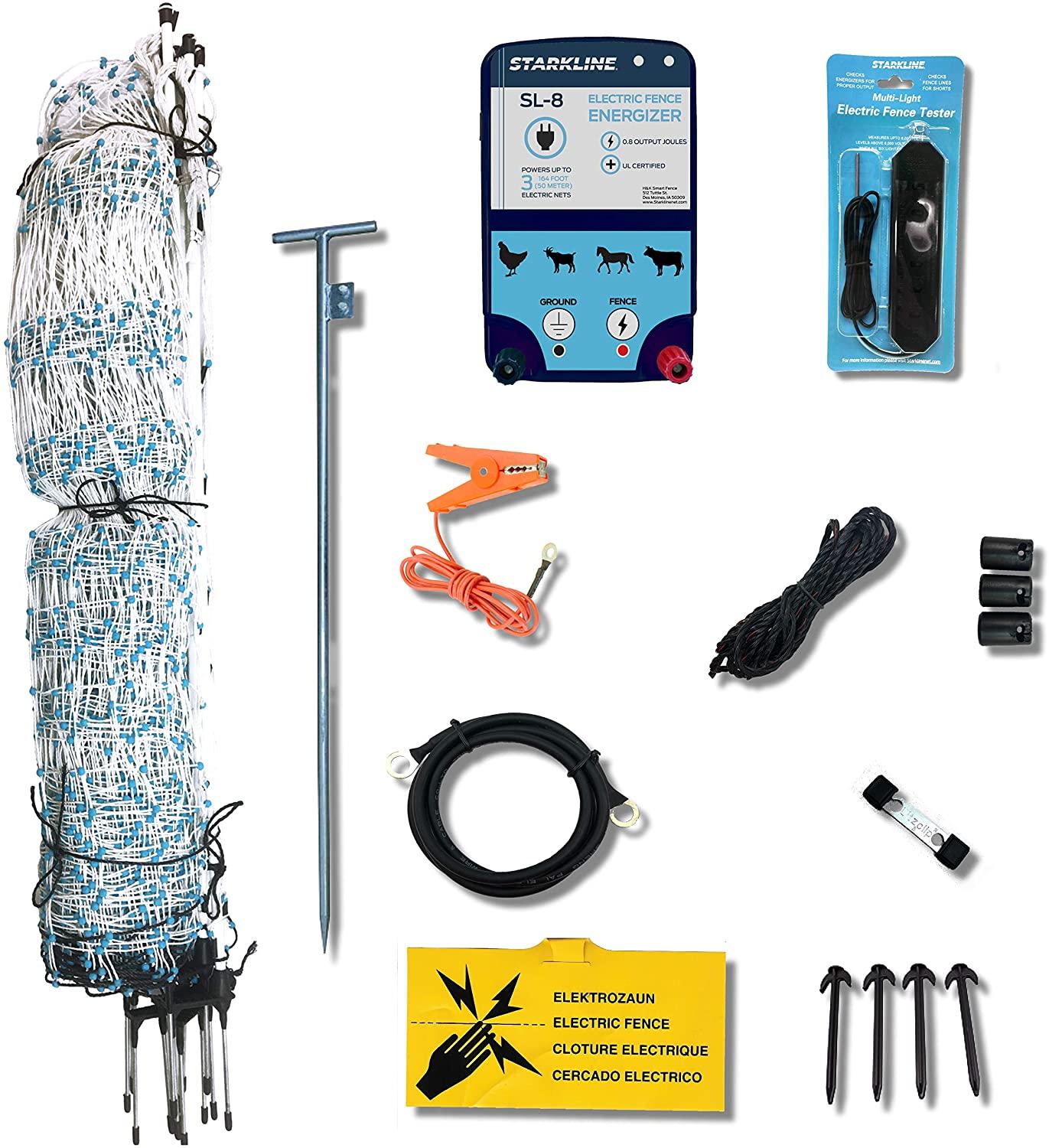 Starkline Electric Poultry Netting Kit �C AC Energizer (48���?x164�� White/Blue Poultry Netting) (12/48/3) All in One Electric Fence Kit for Backyards, Homesteads, Ranches or Farms