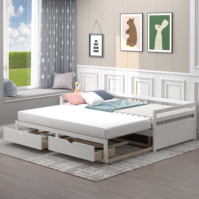 Extendable Twin To King Daybed With Trundle Amp 2 Storage Drawers Dual Use Modern Sofa Bed With Roll Out Bed Frame