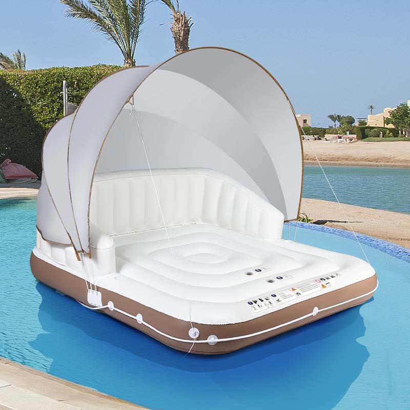 Giant Inflatable Pool Float Lounge Swimming Floating Island Raft With Retractable Canopy Amp 2 Cup Holders