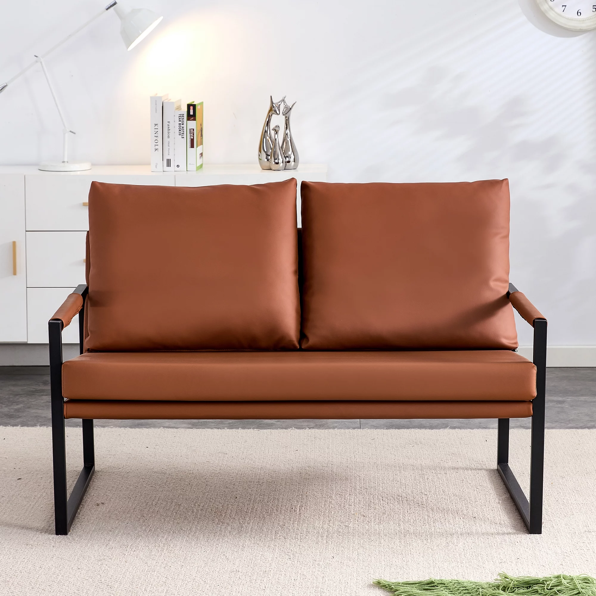 Modern Two Seater Sofa Chair with 2 Pillows   PU Leather, High Density Foam, Black Coated Metal Frame.Brown SF D008