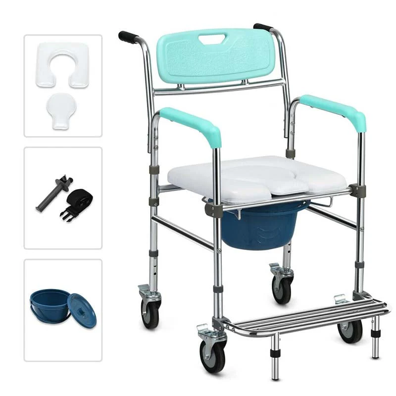 4 In 1 Bedside Commode Chair Transport Shower Wheelchair Toilet Chair With Folding Pedal - Comfortable And Ergonomic Design