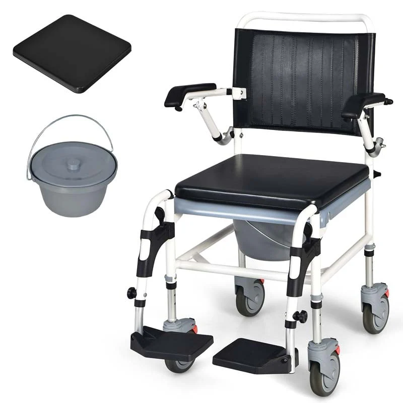 4 In 1 Bedside Commode Chair Shower Wheelchair With Detachable Bucket Padded Mobile Toilet Chair - Comfortable And Ergonomic Design
