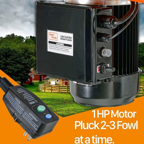 SuperHandy Chicken Plucker De Feather Remover Poultry and Fowl Food Processor Electric Stainless Steel Heavy Duty 1HP 120VAC 280RPM GFCI Connector 92 Soft Fingers 20���?Drum Diameter