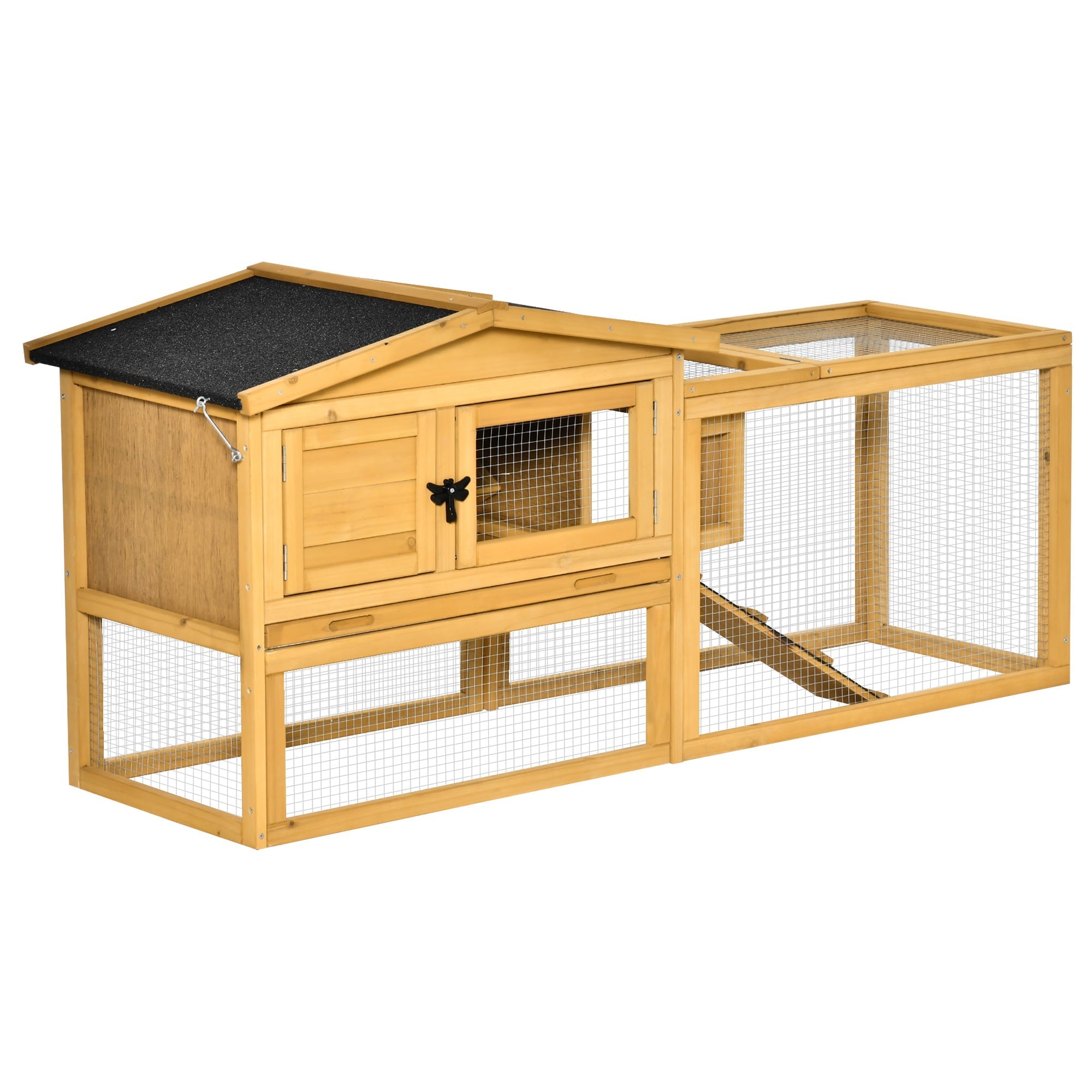 Pawhut Solid Wood Rabbit Hutch with 2 House Levels and Patio Space, Easy Clean