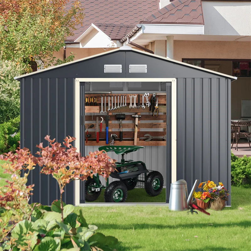 9 X 6 Ft Outdoor Metal Storage Shed With 4 Air Vents Amp Sliding Double Lockable Doors Backyard Tool Shed Garden Storage House - Durable Tools For Home Projects