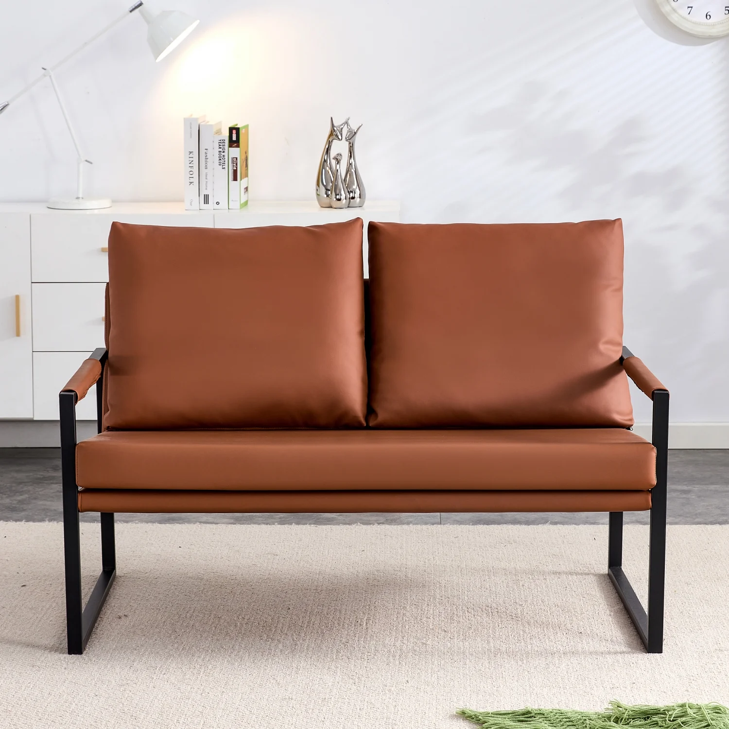 Modern Two Seater Sofa Chair with 2 Pillows   PU Leather High Density Foam Black Coated Metal Frame.Brown SF D008