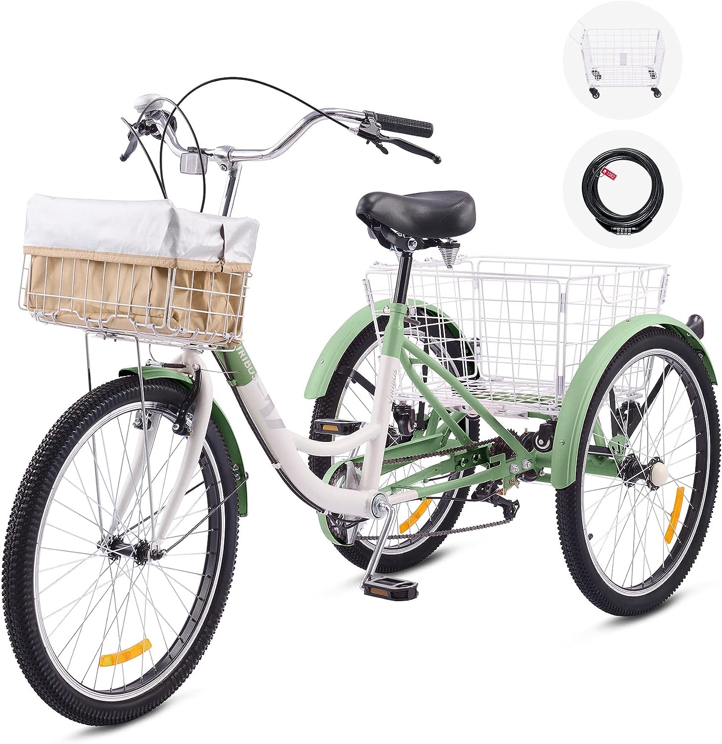 Viribus Adult Tricycle 7-Speed, 24��� Wheels, High Carbon Steel Frame, Front & Rear Baskets, Adjustable Saddle