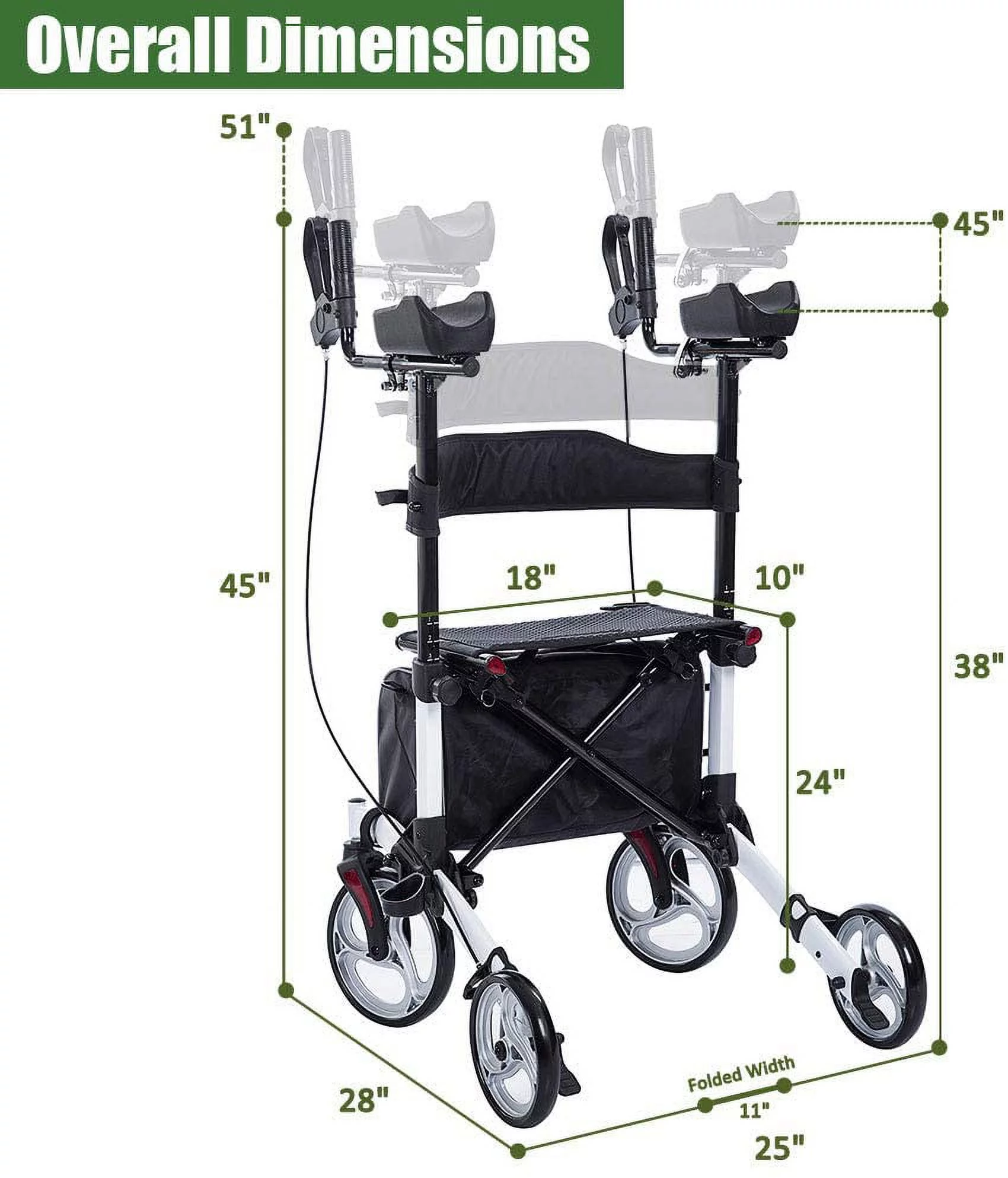 BEYOUR WALKER Upright Rollator Walker, 10��� Wheels, Adjustable Armrest, Folding Design, White �C Mobility Aid for Seniors