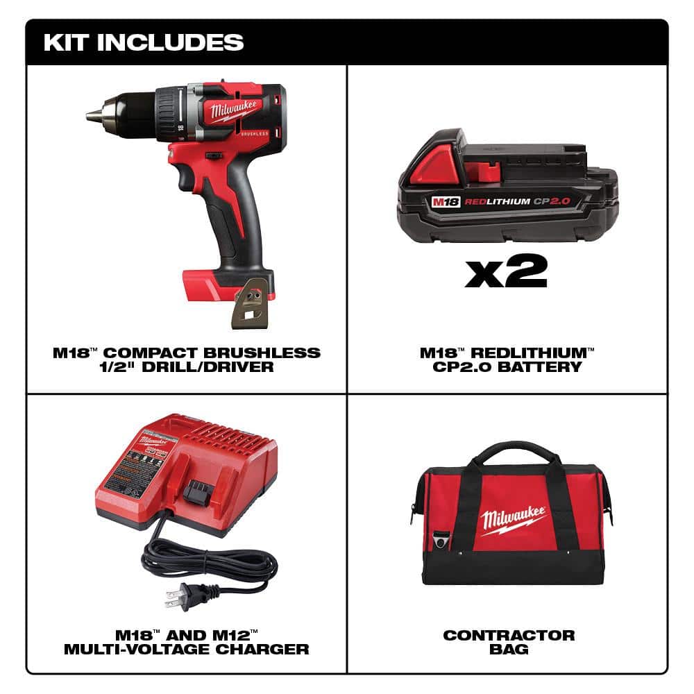 M18 18V Lithium-Ion Brushless Cordless 1/2 in. Compact Drill/Driver Kit with (2) 2.0 Ah Batteries, Charger and Case 2801-22CT