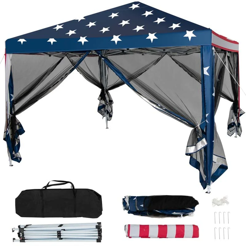 10 X 10 Ft Pop Up Canopy Tent With Carry Bag Amp Netting American Flag Printing Outdoor Gazebo