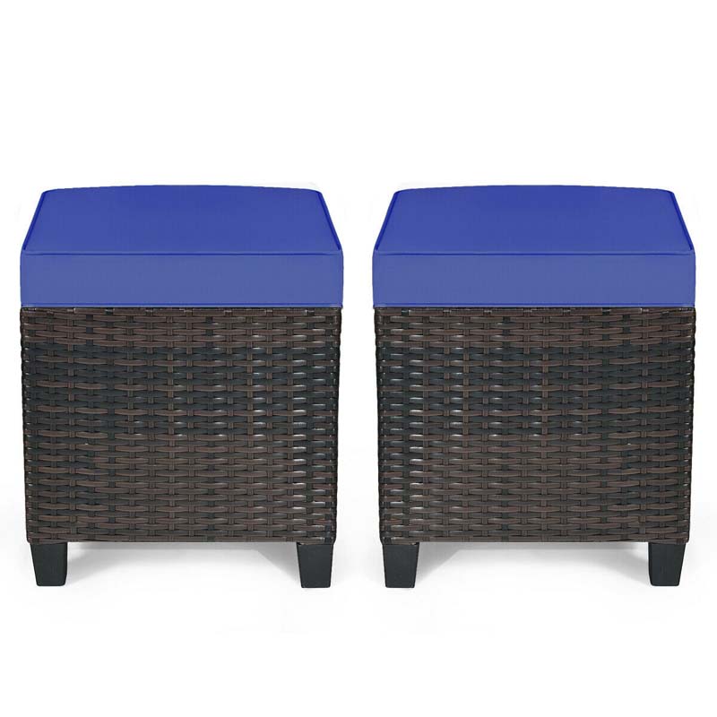2 Pcs Rattan Patio Ottoman Set With Removable Cushions All Weather Wicker Outdoor Footstool Footrest Seat - High Quality Set For Everyday Use