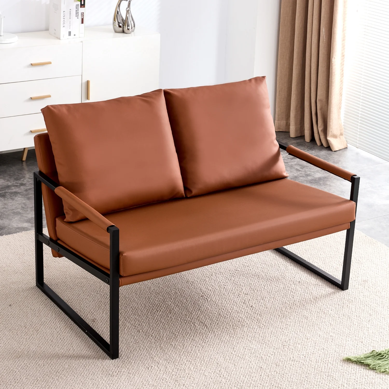 Modern Two Seater Sofa Chair with 2 Pillows   PU Leather High Density Foam Black Coated Metal Frame.Brown SF D008
