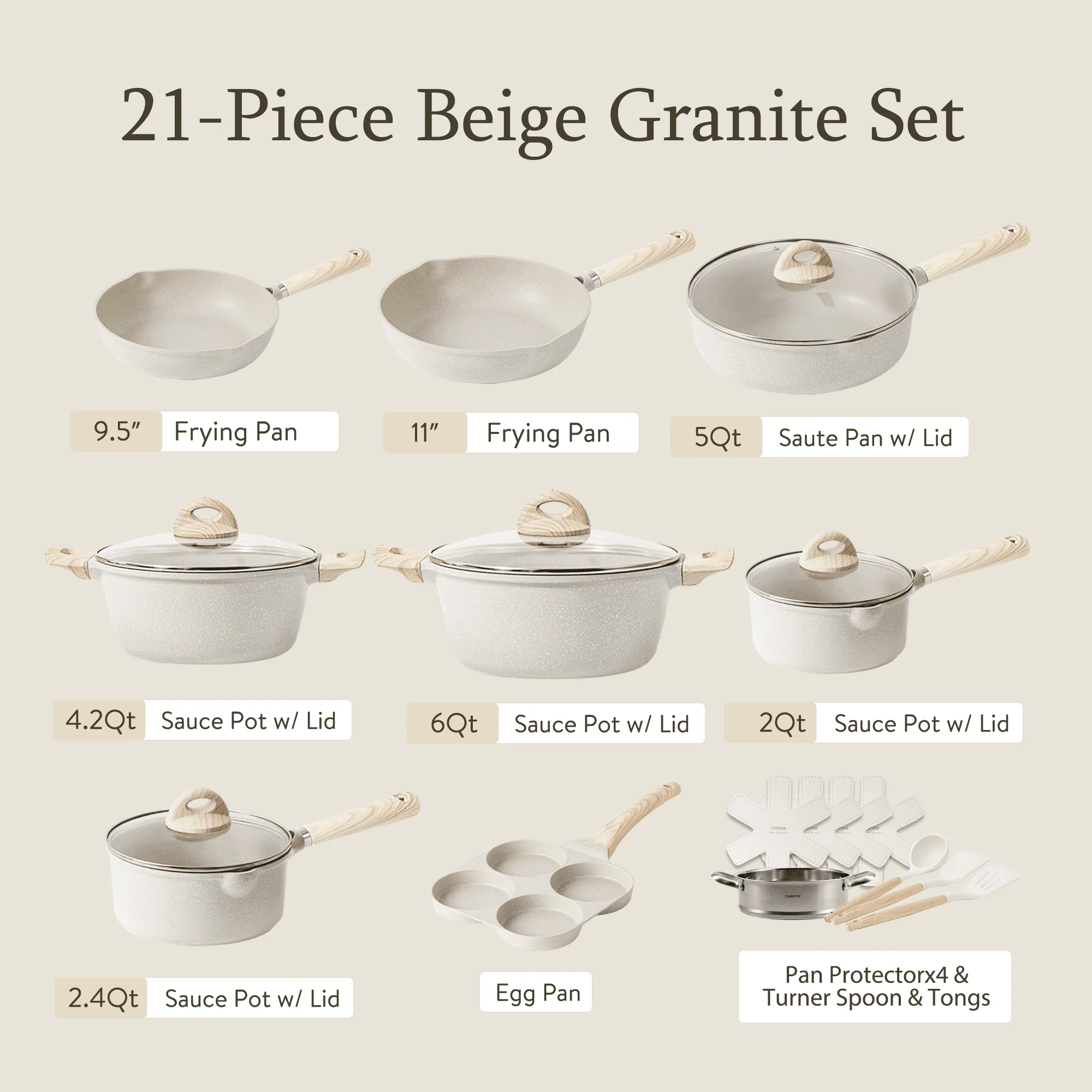 Carote 21-Piece Nonstick Cookware Set, Eco-Friendly Granite, Induction Compatible, Beige