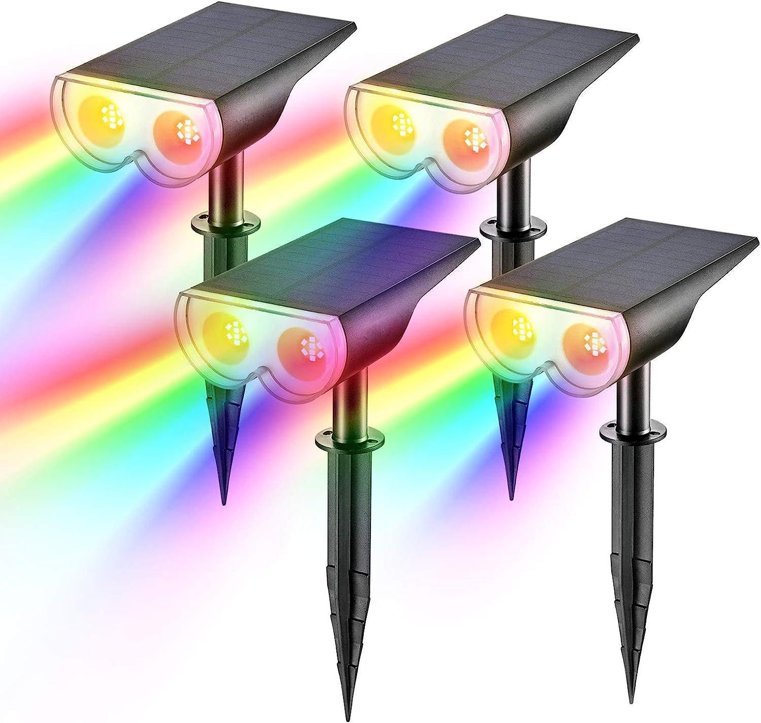 StarRay Solar Spot Lights Outdoor Color Changing, IP67 Solar Lights Outdoor Waterproof, Halloween Decorations 16 LEDs Multicolor Solar Landscape Spotlights for Pathway, Patio, Fence, 4 Pack