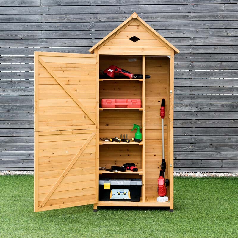 63Quot Wood Outdoor Storage Shed Lockable Garden Tools Storage Cabinet With 5 Shelves Galvanized Sheet Roof - Durable Tools For Home Projects