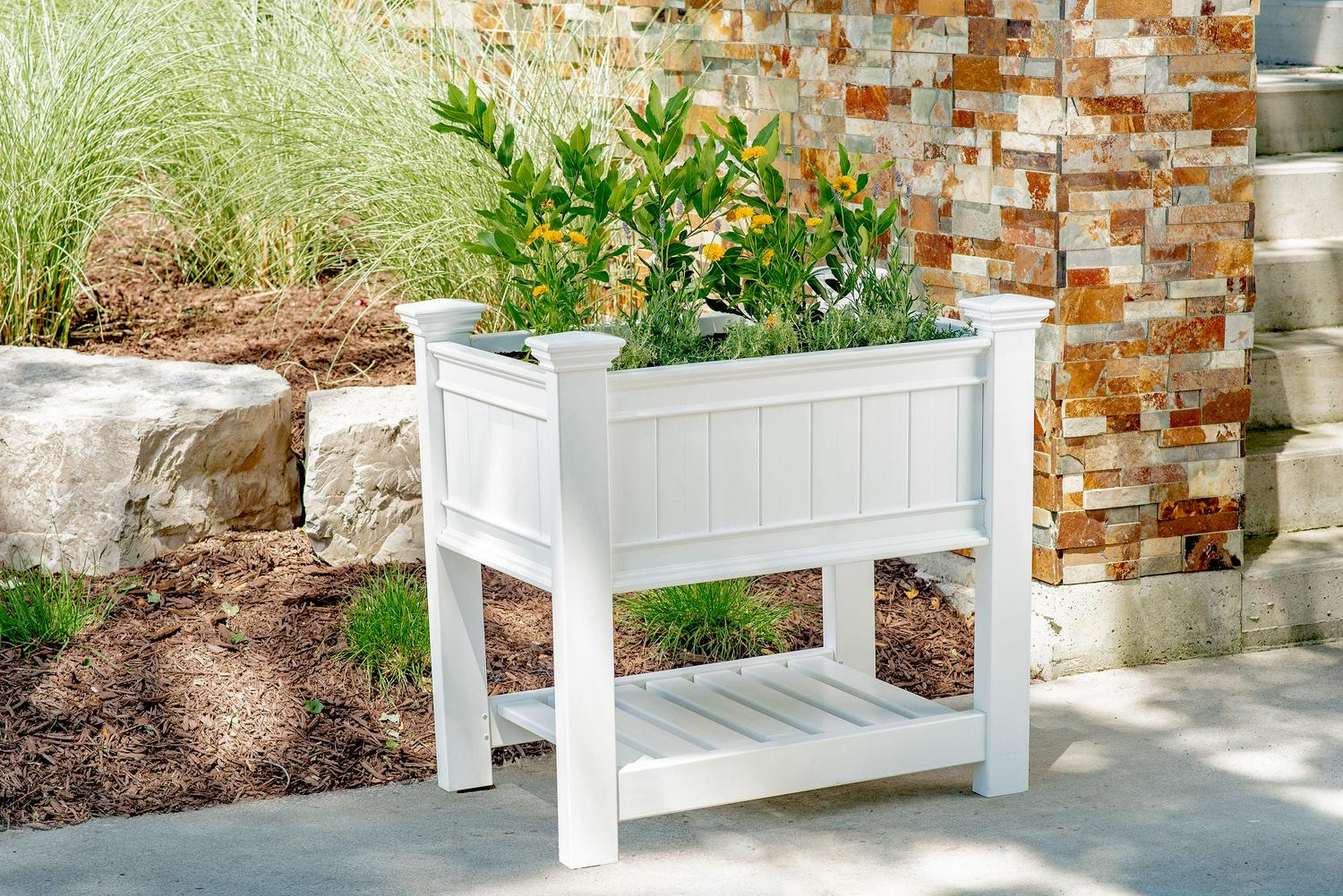 Vita Classic Vinyl Cambridge Raised Planter, White, 38���x24���x36���, Durable BPA-Free, Includes Floor Boards, 20-Year Warranty