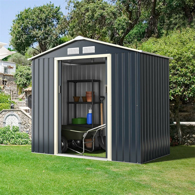 7 X 4 Ft Outdoor Metal Storage Shed With 4 Air Vents Amp Sliding Double Lockable Doors Backyard Tool Shed Garden Storage House - Durable Tools For Home Projects