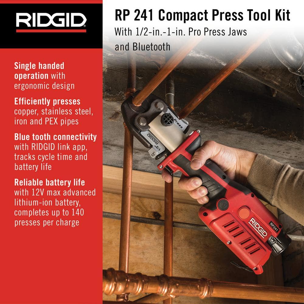 RP 241 Compact Inline Press Tool Kit Includes 3 ProPress Jaws (1/2 in., 3/4 in., 1 in.), 2-12V Batteries, Charger + Case 57373