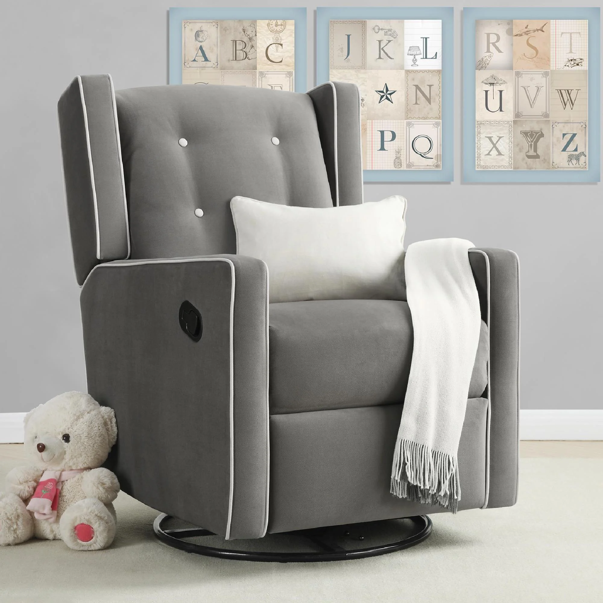 Baby Relax Mikayla 4-in-1 Nursery Swivel Glider Rocker Recliner, Gray Microfiber