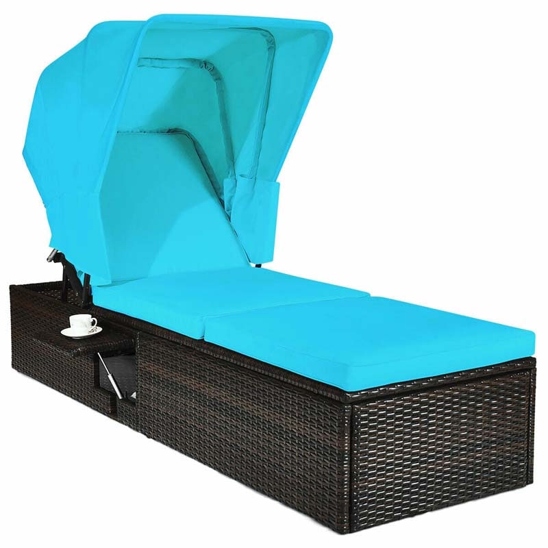 Cushioned Rattan Outdoor Chaise Lounge Chair Sun Lounger 5 Position With Folding Canopy Amp Flip Up Tea Table - Comfortable And Ergonomic Design