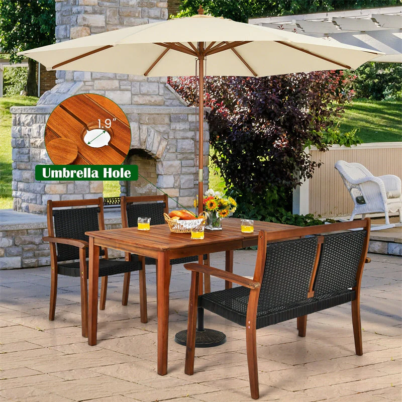 4 Pcs Rattan Amp Acacia Wood Outdoor Patio Dining Table Set With Loveseat Amp 2 Armchairs Umbrella Hole - High Quality Set For Everyday Use