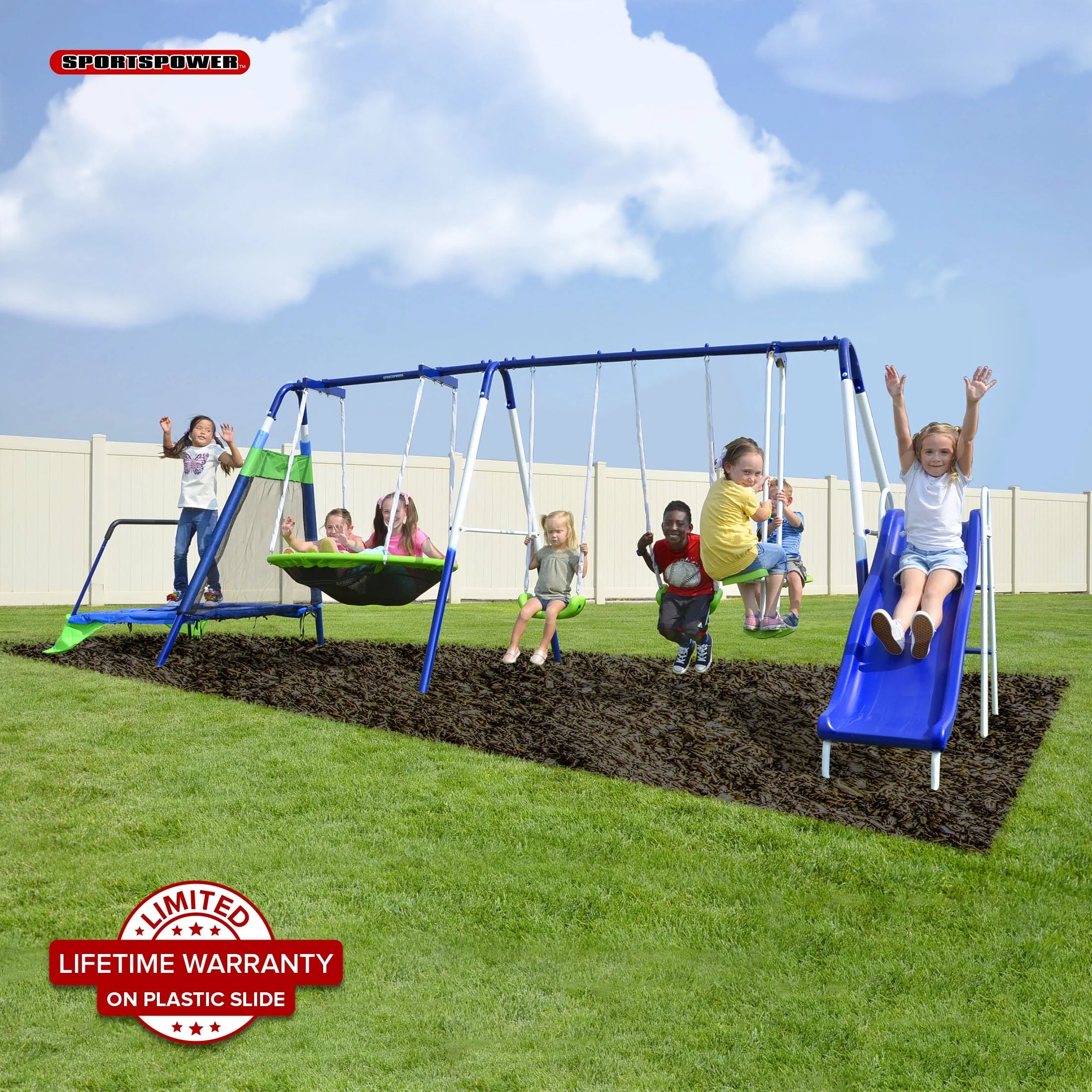 Sportspower Mountain View Metal Swing Set �C Glide Ride, Saucer, Trampoline & Slide with Lifetime Warranty