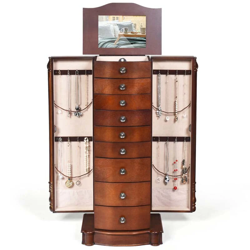 Dark Walnut Large Standing Jewelry Armoire Cabinet With 8 Drawers Amp 2 Swing Doors 16 Hooks Top Mirror Boxes