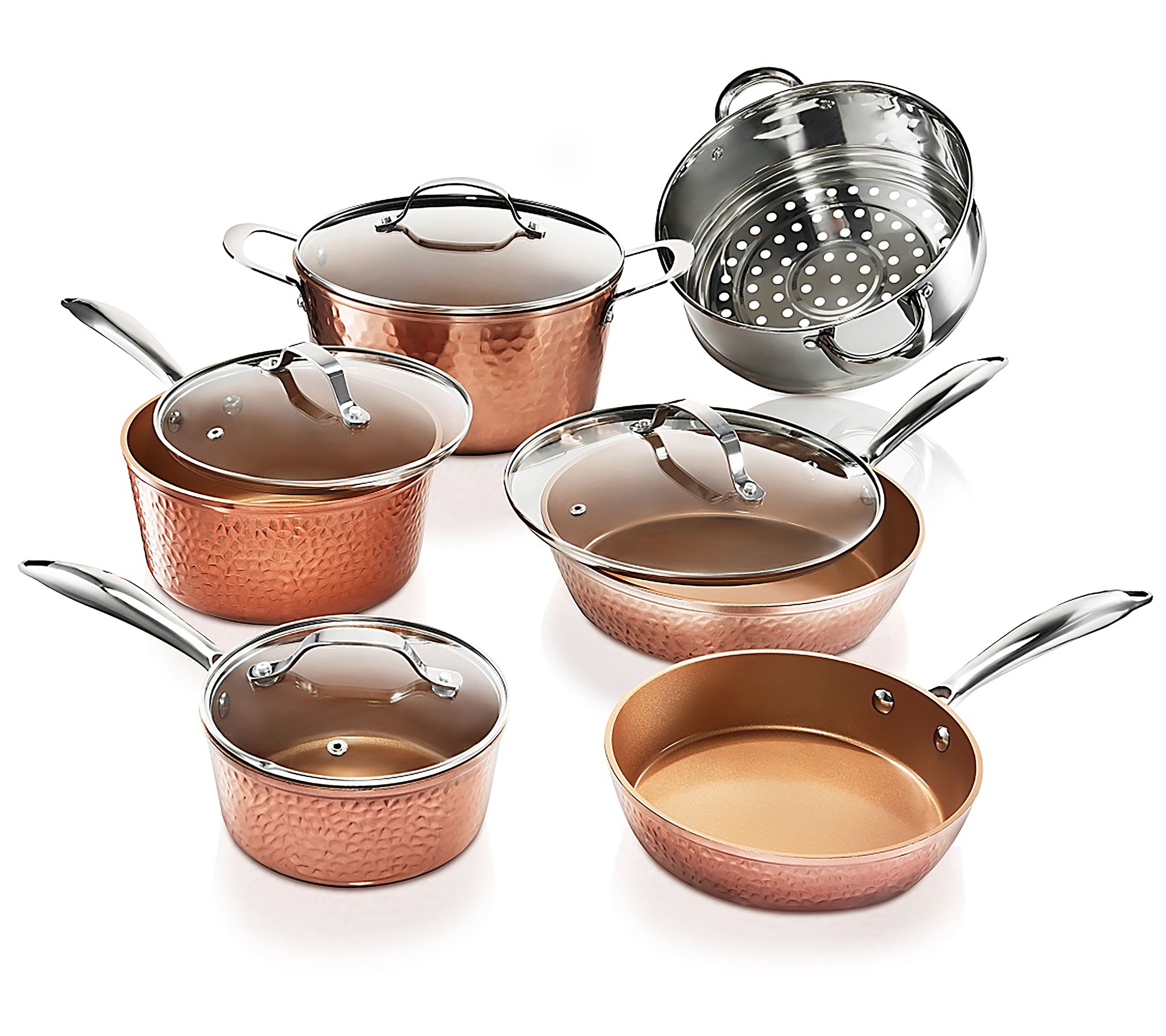Gotham Steel Hammered 10 Piece Cookware Set, Oven Safe, Dishwasher Safe - Elegant Pots and Pans