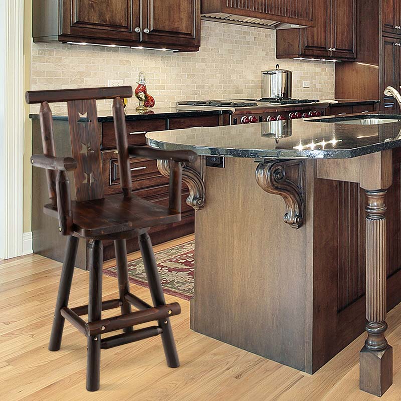 29Quot Rustic Swivel Bar Stool With Decorative Star Backrest Solid Fir Wood Bar Chair For Dining Room Kitchen Pub - Comfortable And Ergonomic Design