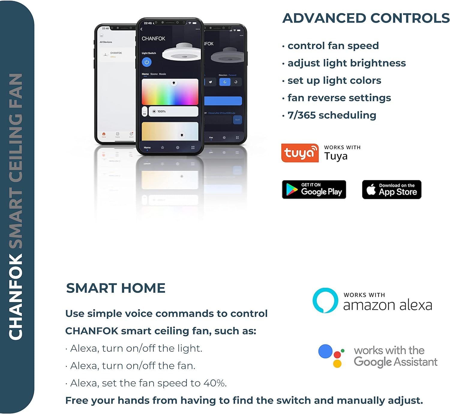 Low profile smart ceiling fan with lights, APP control, remote compatibility, 6 speed reversible blade