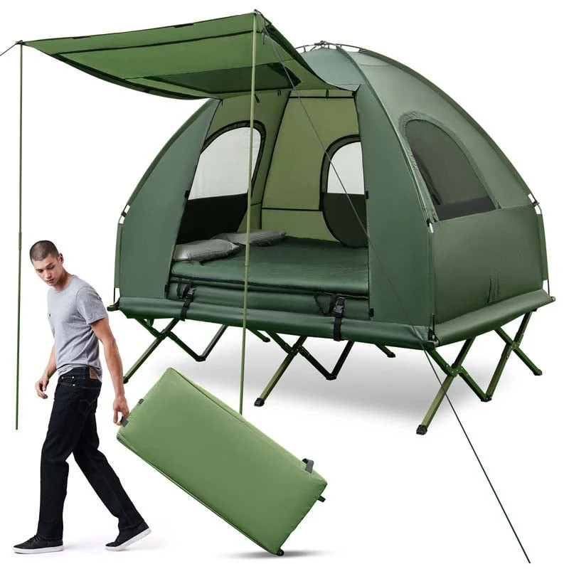 5 In 1 Off Ground Tent Cot 2 Person Foldable Camping Bed Tent With Awning Air Mattress Sleeping Bag Carrying Bag