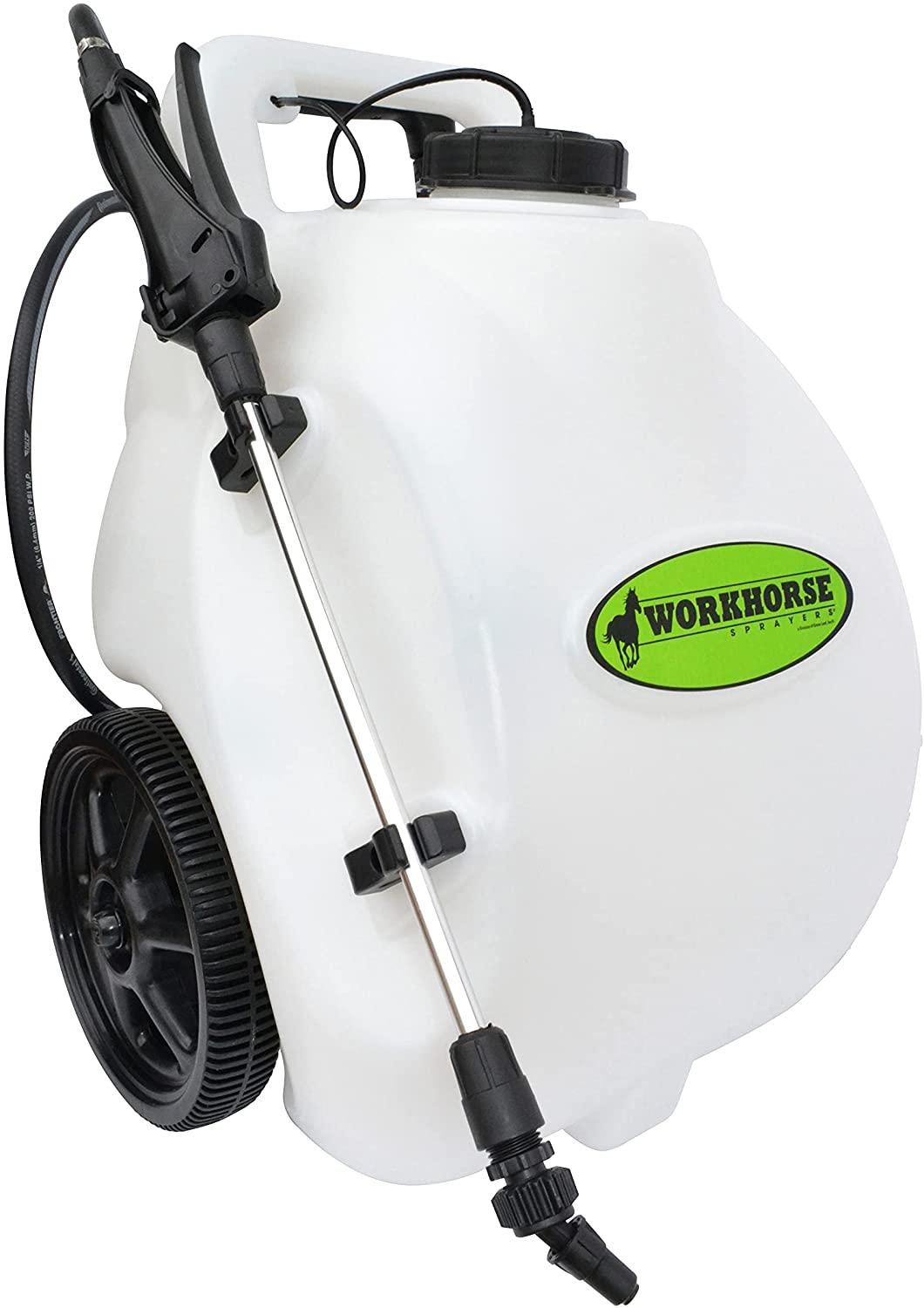 Workhorse Sprayers LG05SS Rechargeable Spot Sprayer ?C White Portable Sprayer with Wheels, Vertical & Horizontal Stream Range, 5 Gallon Tank. Garden Sprayer