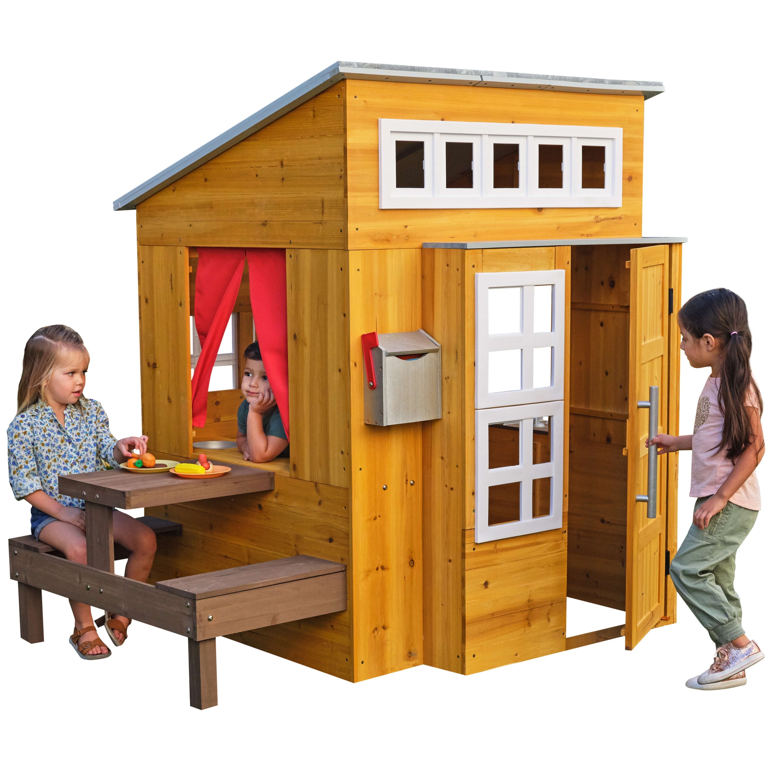 KidKraft Modern Outdoor Wooden Playhouse with Picnic Table, Mailbox and Outdoor Grill