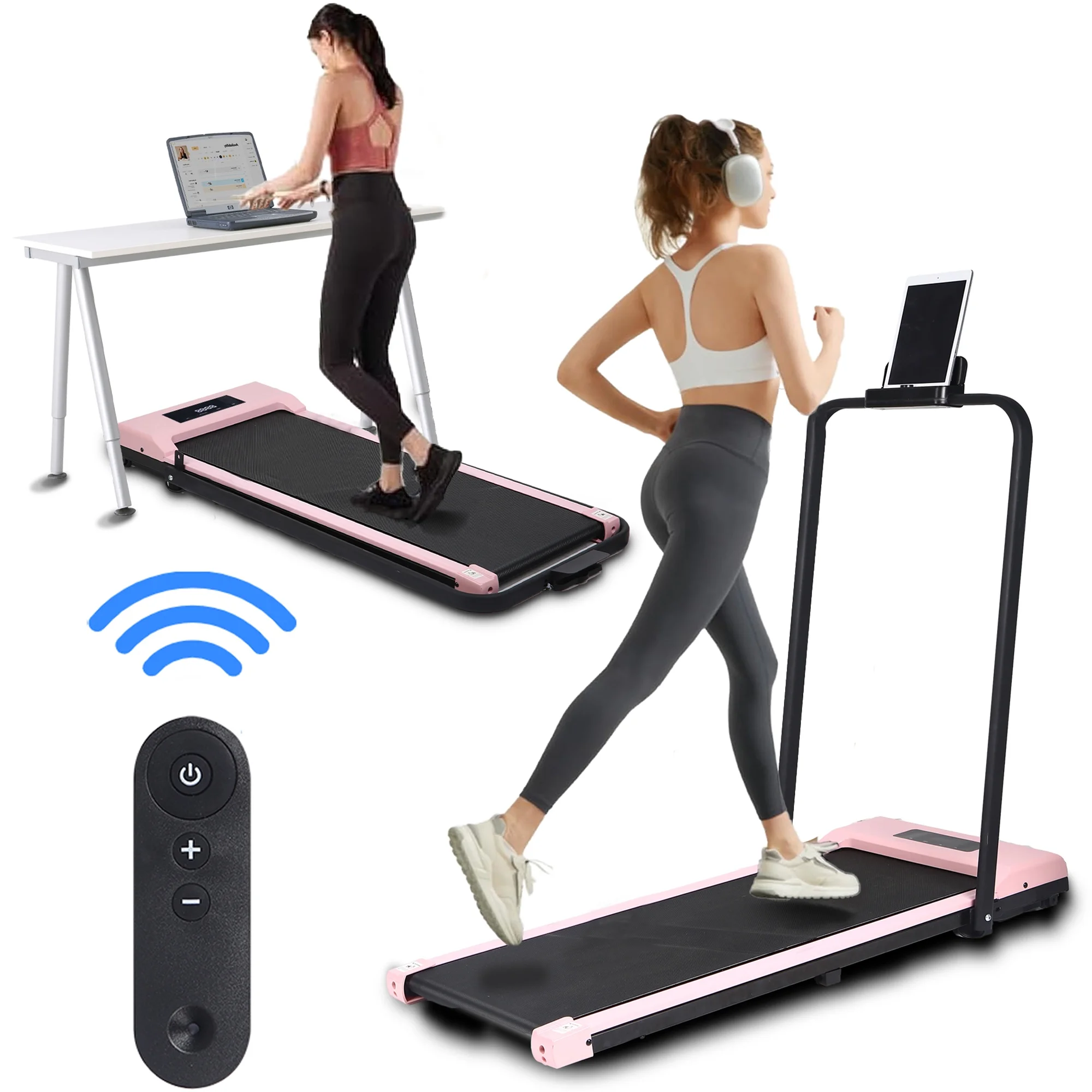 BITOUSHI Treadmill Under Desk Walking Pad 2 in 1, 3.0HP Portable Small Treadmill for Office & Home, Ultra Quiet & Installation Free with Remote Control, LED Display, 220 Lb Capacity   Pink