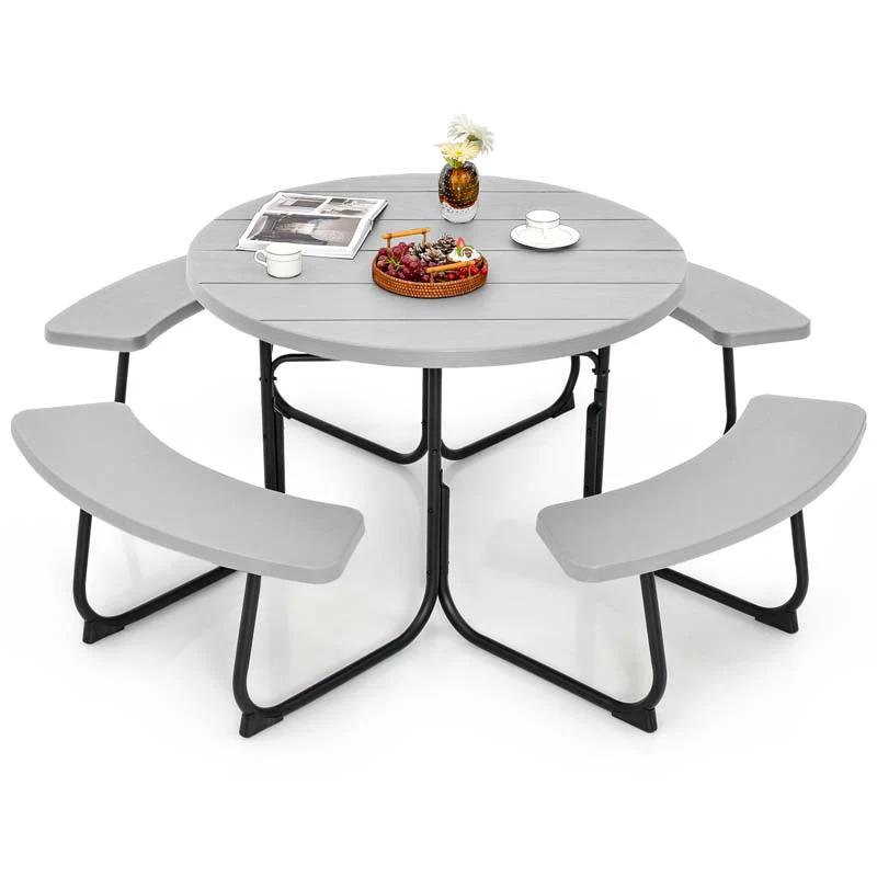 8 Person Hdpe Outside Table Amp Bench Set Outdoor Round Picnic Table With 4 Built In Benches Umbrella Hole Metal Frame - High Quality Set For Everyday Use