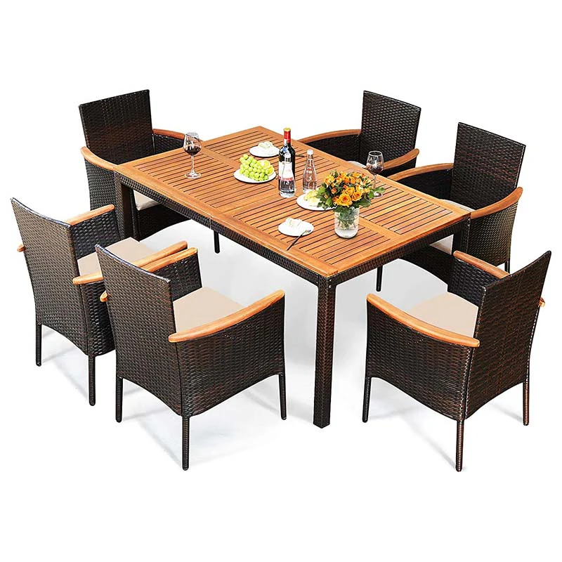 7 Pcs Rattan Patio Dining Set With Umbrella Hole Acacia Wood Tabletop Amp Cushioned Stackable Armchairs - High Quality Set For Everyday Use