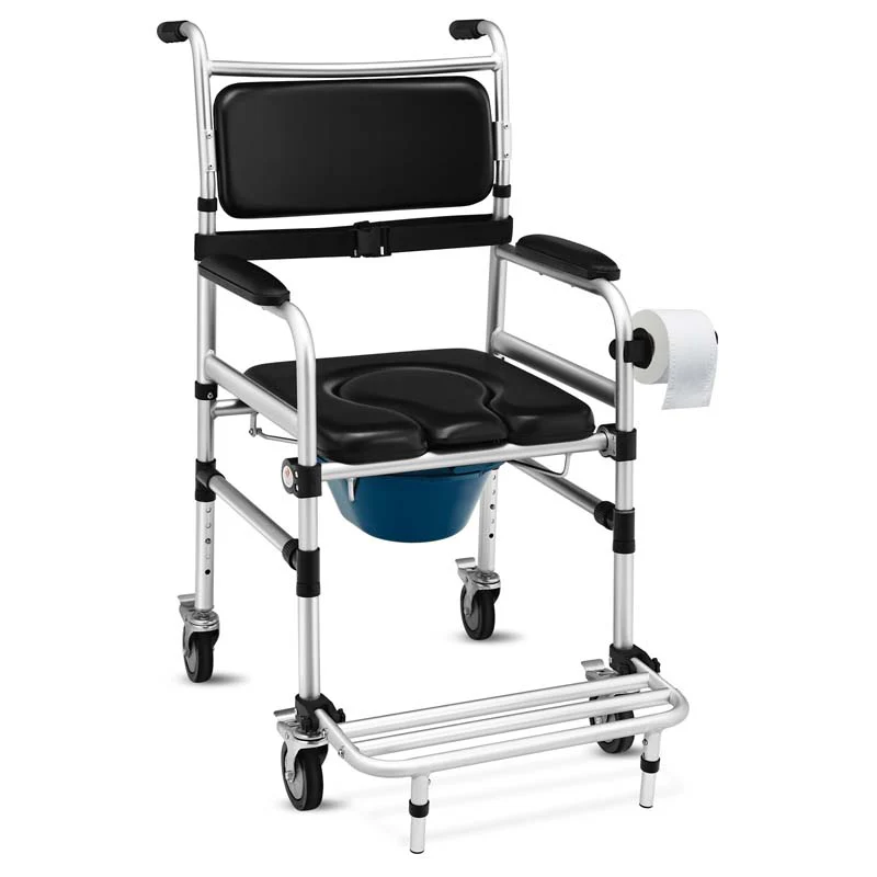2 In 1 Foldable Shower Commode Wheelchair Aluminum Alloy Transport Chair Toilet Bedside Wheelchair With Commode - Comfortable And Ergonomic Design