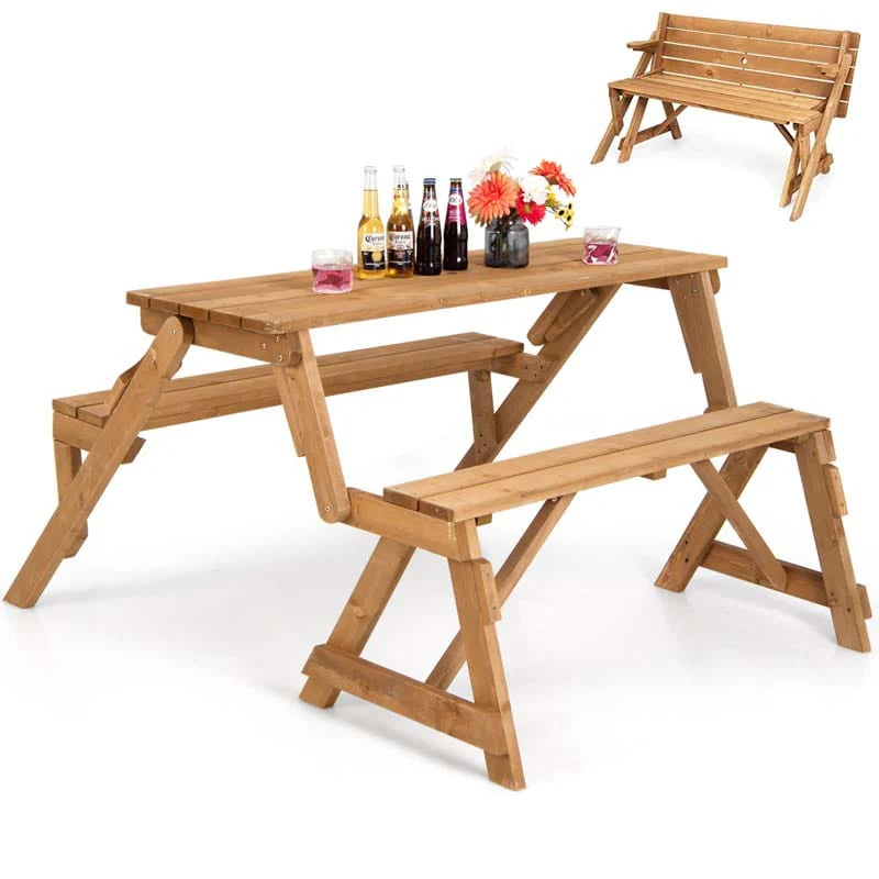 2 In 1 Convertible Wooden Picnic Table Garden Bench Outdoor Folding Picnic Bench Set With Umbrella Hole - High Quality Set For Everyday Use