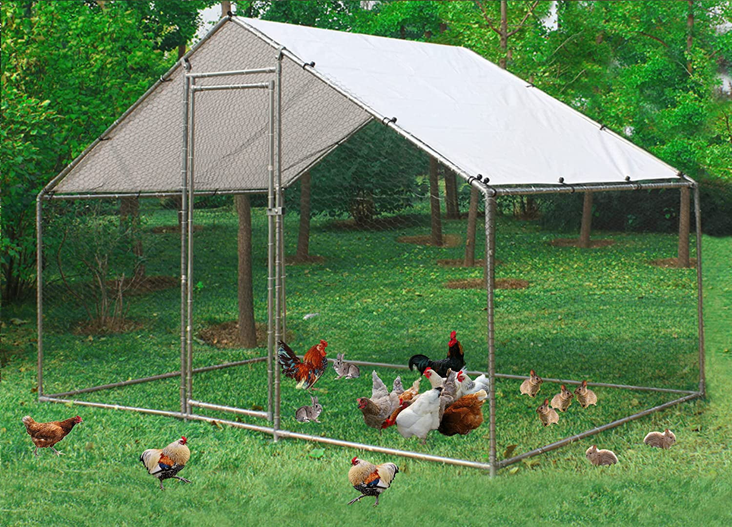 Large Chicken Coop Metal Chicken Runs for Yard, 10' Walk in Chicken Coop Cage Chicken Pen Poultry Cage with Waterproof and Anti-UV Cover Heavy Duty Rabbit Hutch Duck Cage for Outdoor, Backyard and Farm